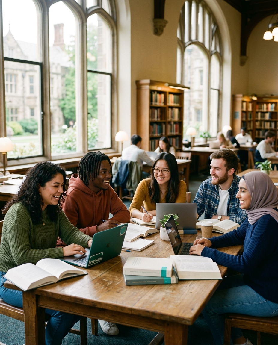 Students learning together in a sunlit library